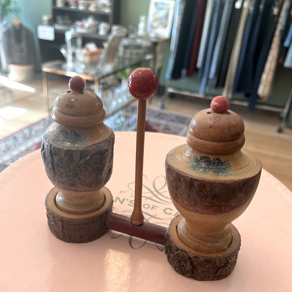 Vintage Wooden Salt and Pepper Shakers on Wooden Stand